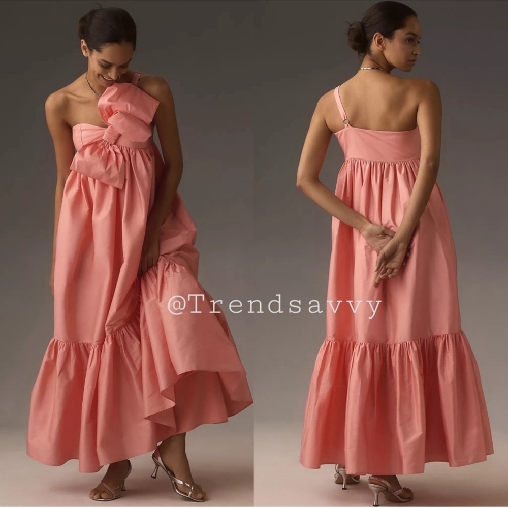 Anthropologie Atsu Sally Bow One Shoulder Midi Dress Peach Petite SP NWT